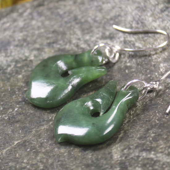 Matau or Fish Hook Earrings carved from Hapopo Pounamu - NZ Greenstone