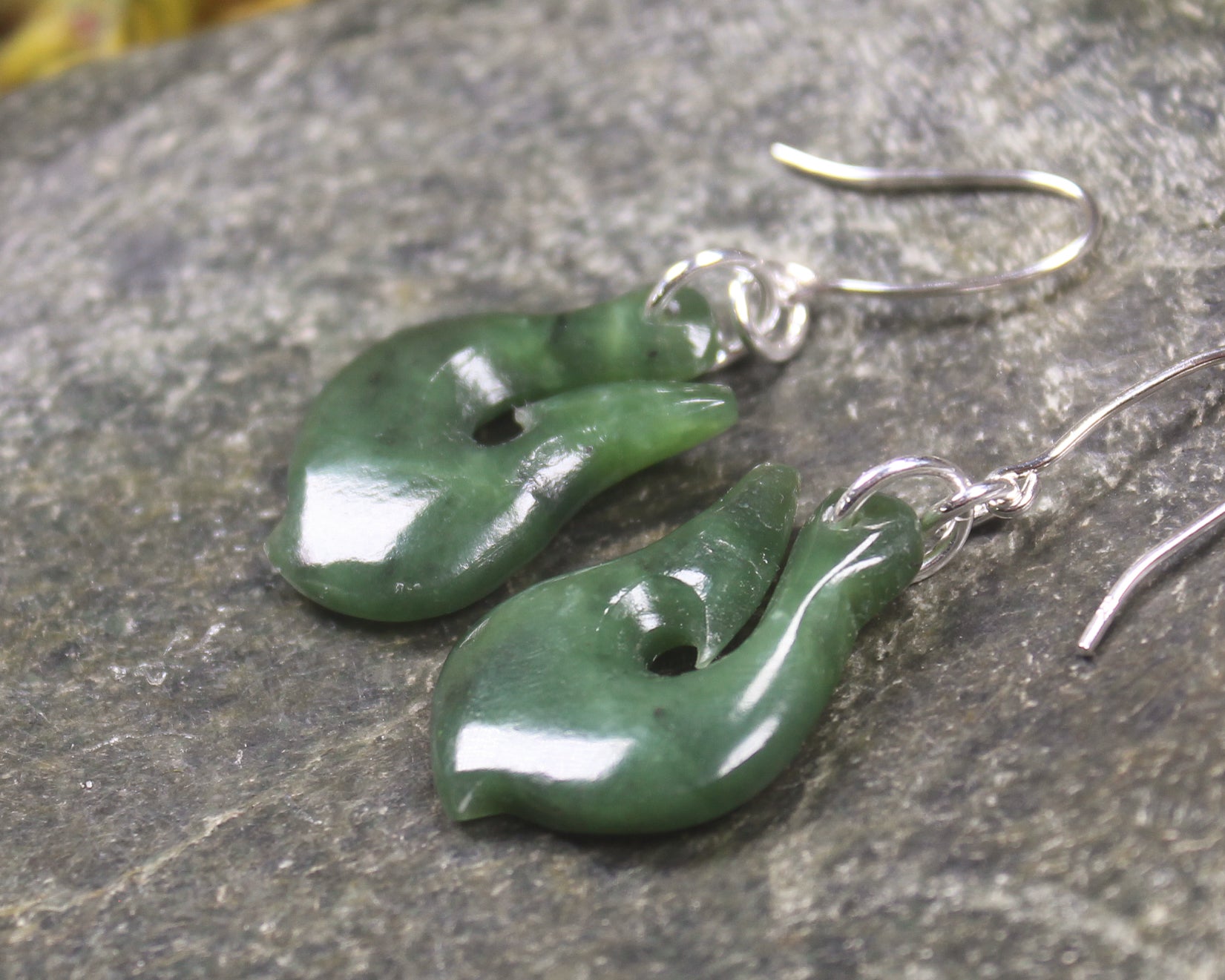 Matau or Fish Hook Earrings carved from Hapopo Pounamu - NZ Greenstone