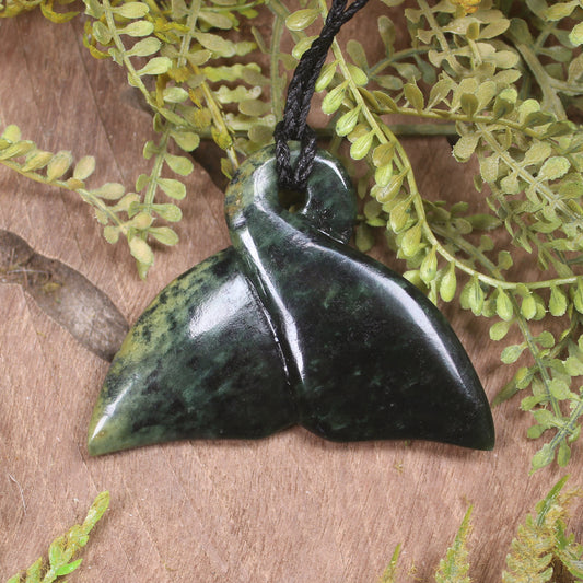 NZ Greenstone Large Whale Tail Pendant (CC152) Flower Jade Pounamu