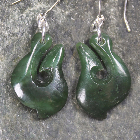Matau or Fish Hook Earrings carved from Hapopo Pounamu - NZ Greenstone
