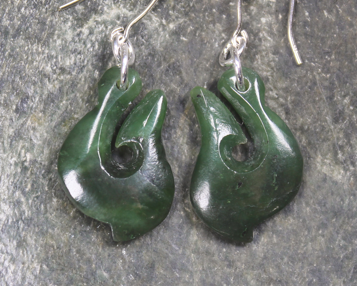 Matau or Fish Hook Earrings carved from Hapopo Pounamu - NZ Greenstone