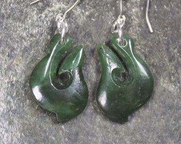 Matau or Fish Hook Earrings carved from Hapopo Pounamu - NZ Greenstone