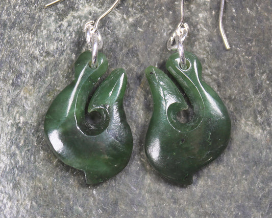Matau or Fish Hook Earrings carved from Hapopo Pounamu - NZ Greenstone