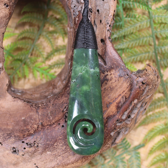 Roimata or Teardop with Koru carved from Kawakawa Pounamu - NZ Greenstone