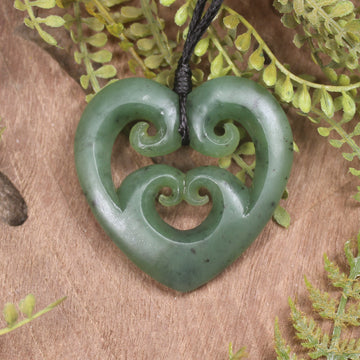 Heart with Koru carved from Hapopo Pounamu - NZ Greenstone