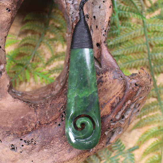 Roimata or Teardop with Koru carved from Kawakawa Pounamu - NZ Greenstone