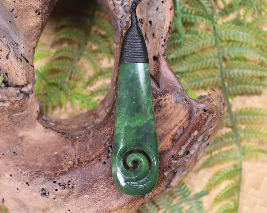 Roimata or Teardop with Koru carved from Kawakawa Pounamu - NZ Greenstone