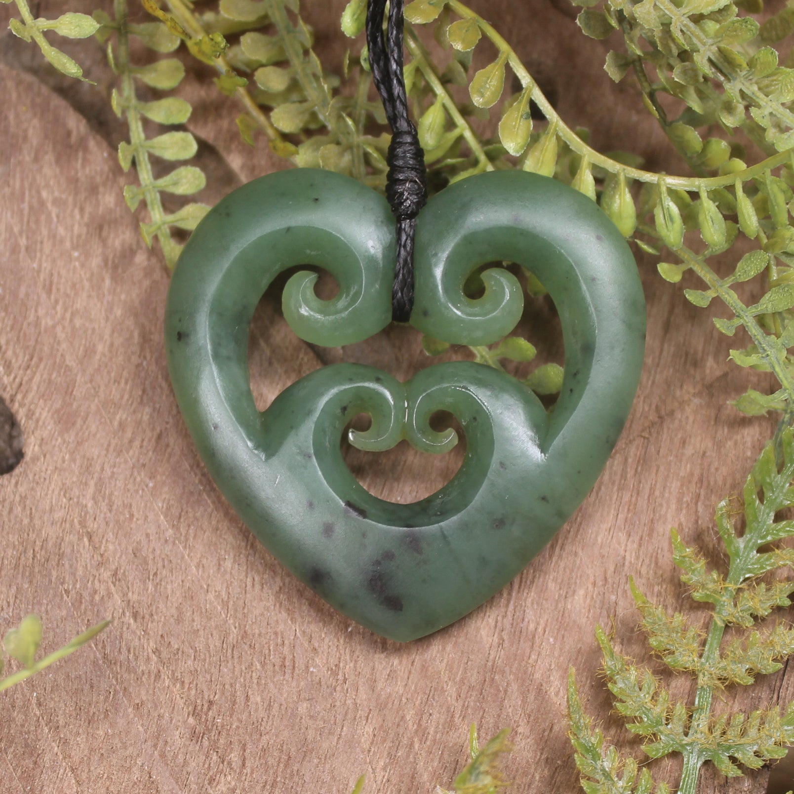 Heart with Koru carved from Hapopo Pounamu - NZ Greenstone