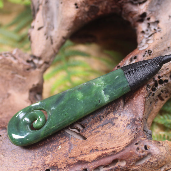 Roimata or Teardop with Koru carved from Kawakawa Pounamu - NZ Greenstone