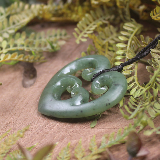 Heart with Koru carved from Hapopo Pounamu - NZ Greenstone