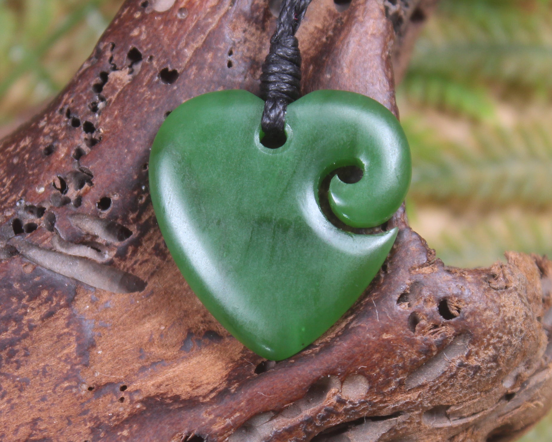 Heart with Koru carved from Hapopo Pounamu - NZ Greenstone