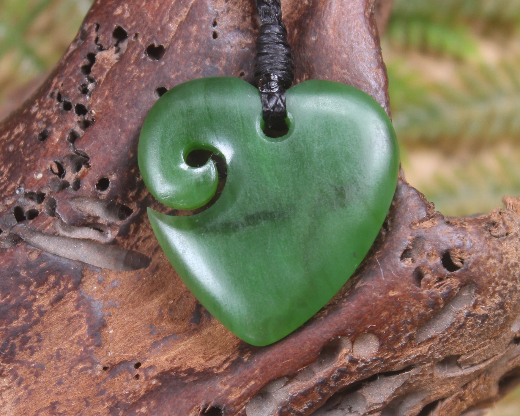 Heart with Koru carved from Hapopo Pounamu - NZ Greenstone