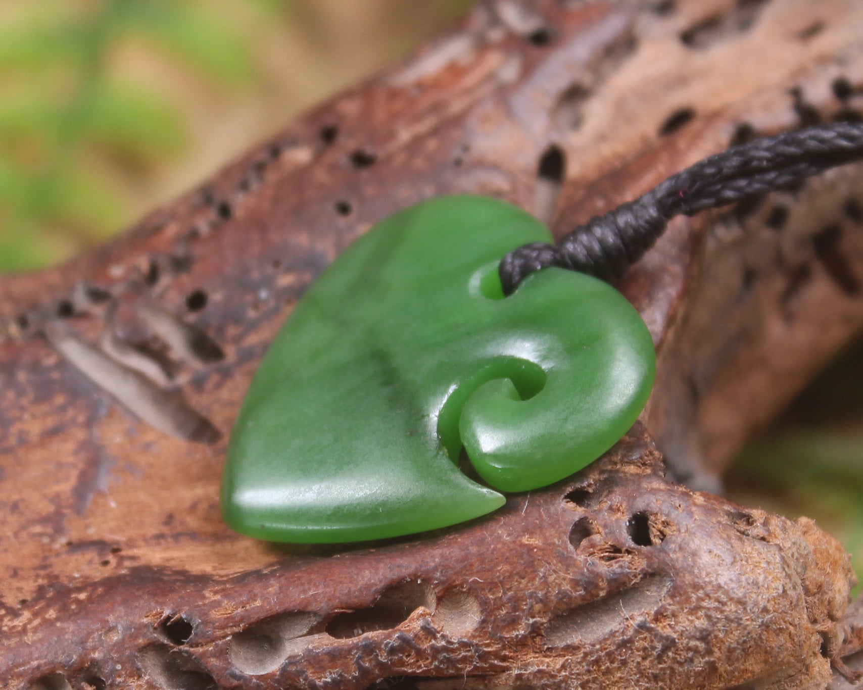 Heart with Koru carved from Hapopo Pounamu - NZ Greenstone