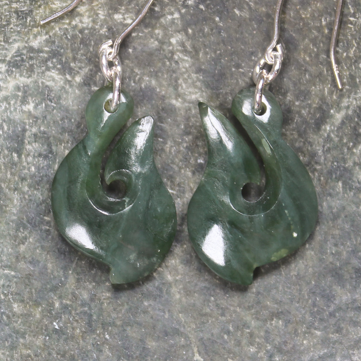 Matau or Fish Hook Earrings carved from Kawakawa Pounamu - NZ Greenstone