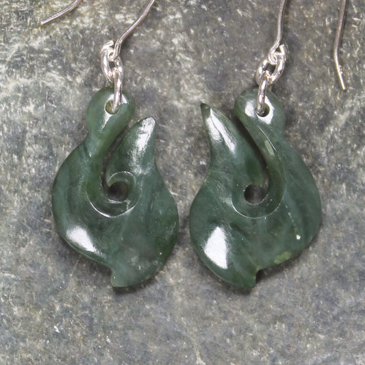 Matau or Fish Hook Earrings carved from Kawakawa Pounamu - NZ Greenstone