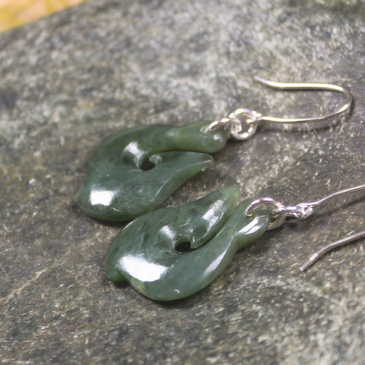 Matau or Fish Hook Earrings carved from Kawakawa Pounamu - NZ Greenstone