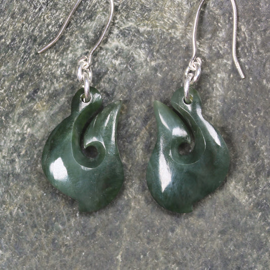 Matau or Fish Hook Earrings carved from Kawakawa Pounamu - NZ Greenstone