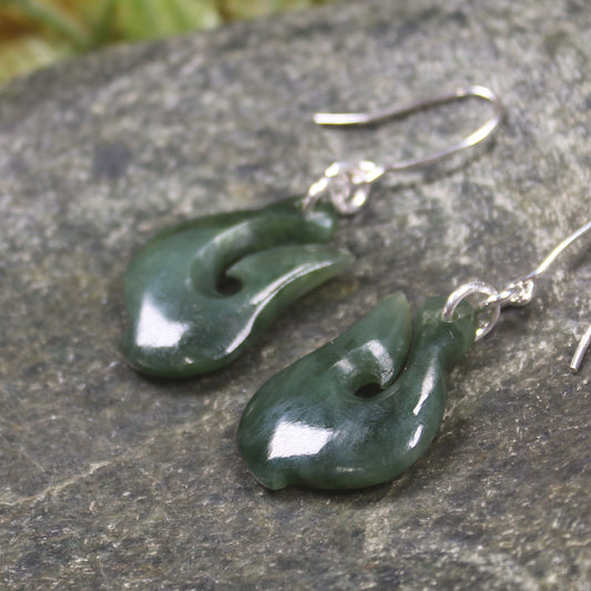 Matau or Fish Hook Earrings carved from Kawakawa Pounamu - NZ Greenstone