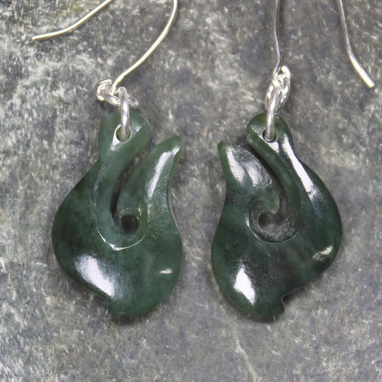 Matau or Fish Hook Earrings carved from Kawakawa Pounamu - NZ Greenstone