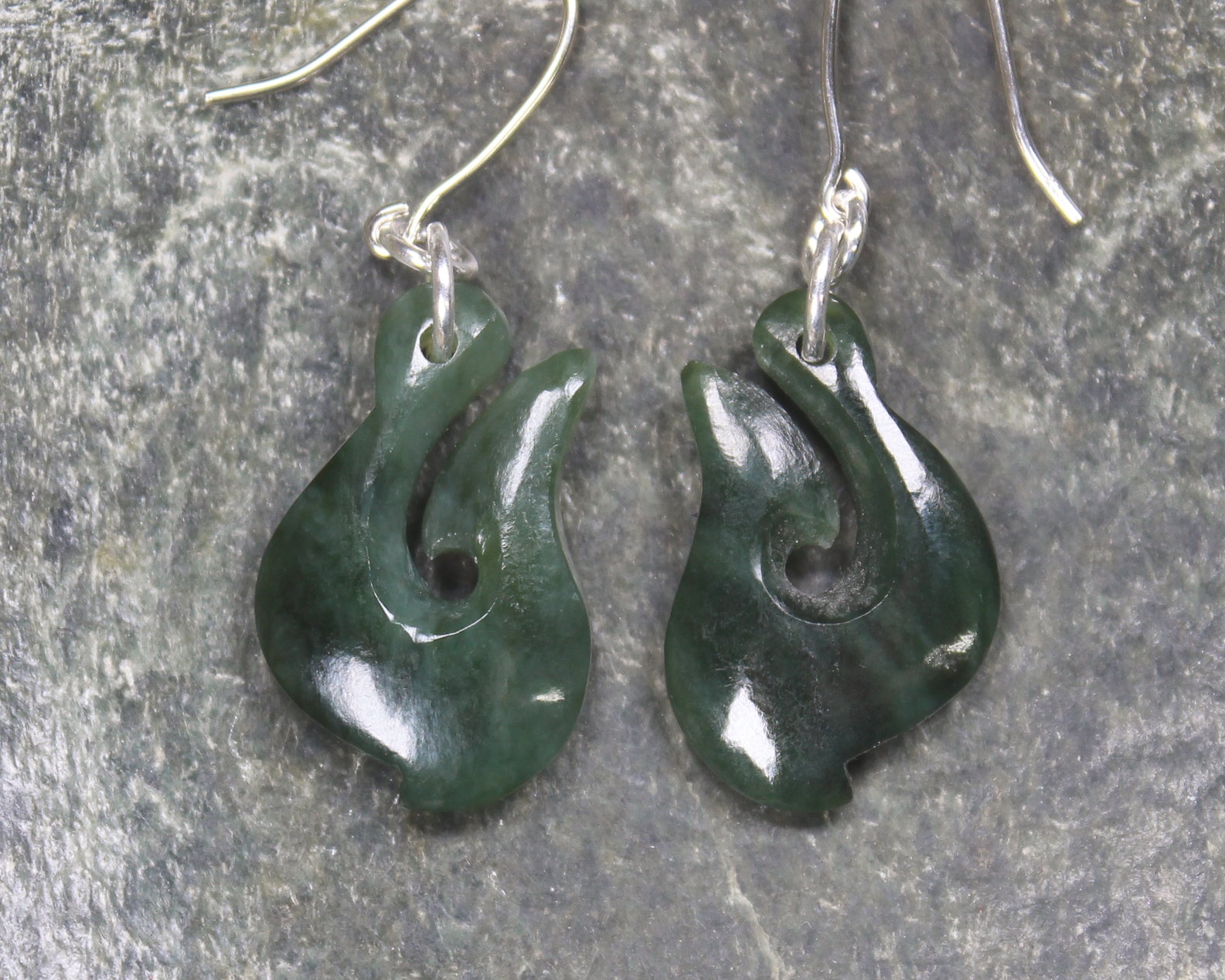 Matau or Fish Hook Earrings carved from Kawakawa Pounamu - NZ Greenstone