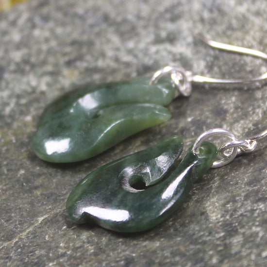 Matau or Fish Hook Earrings carved from Kawakawa Pounamu - NZ Greenstone