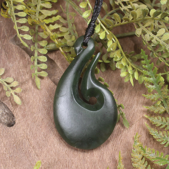 Hei Matau or Fish Hook carved from Rimu Pounamu - NZ Greenstone