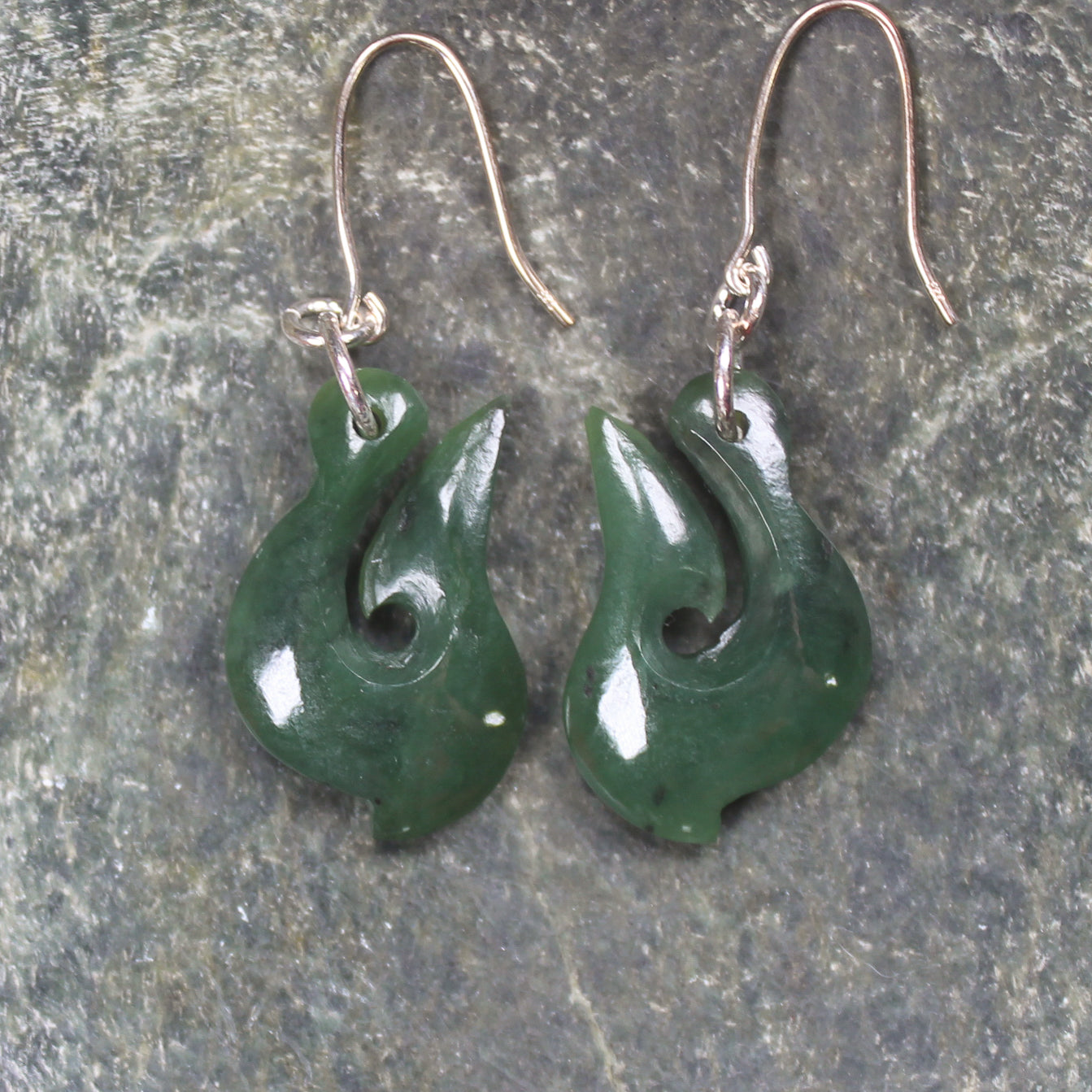 Matau or Fish Hook Earrings carved from Kawakawa Pounamu - NZ Greenstone