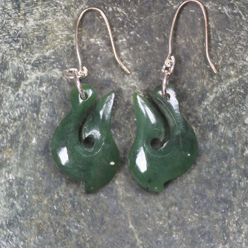 Matau or Fish Hook Earrings carved from Kawakawa Pounamu - NZ Greenstone