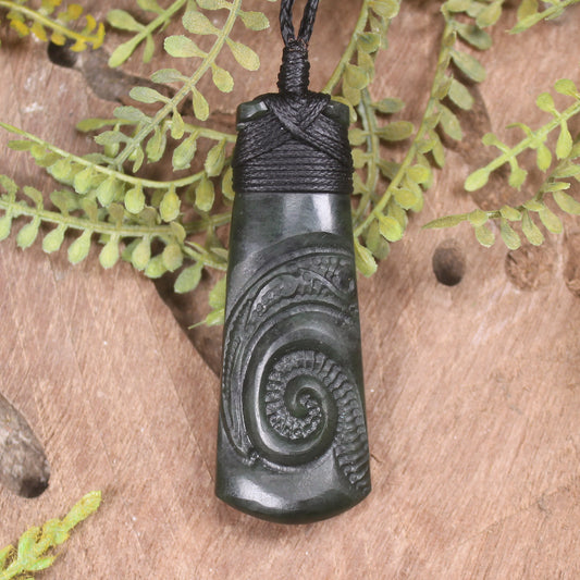 NZ Greenstone Small Toki with Koru Pendant (BT152) Rimu Pounamu