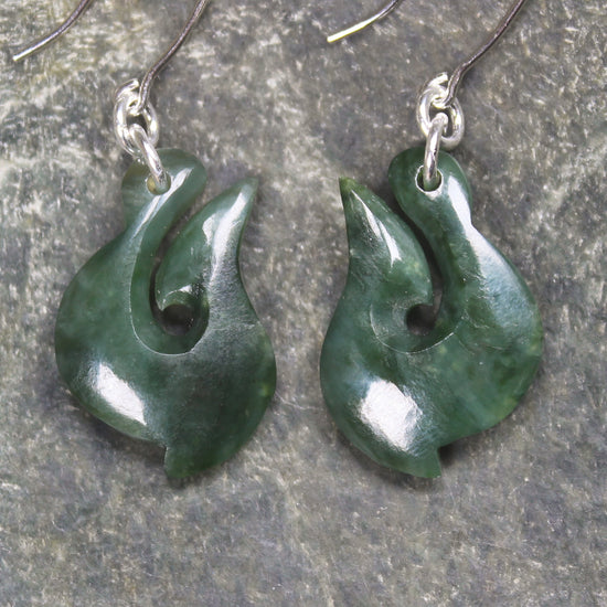 Matau or Fish Hook Earrings carved from Kawakawa Pounamu - NZ Greenstone