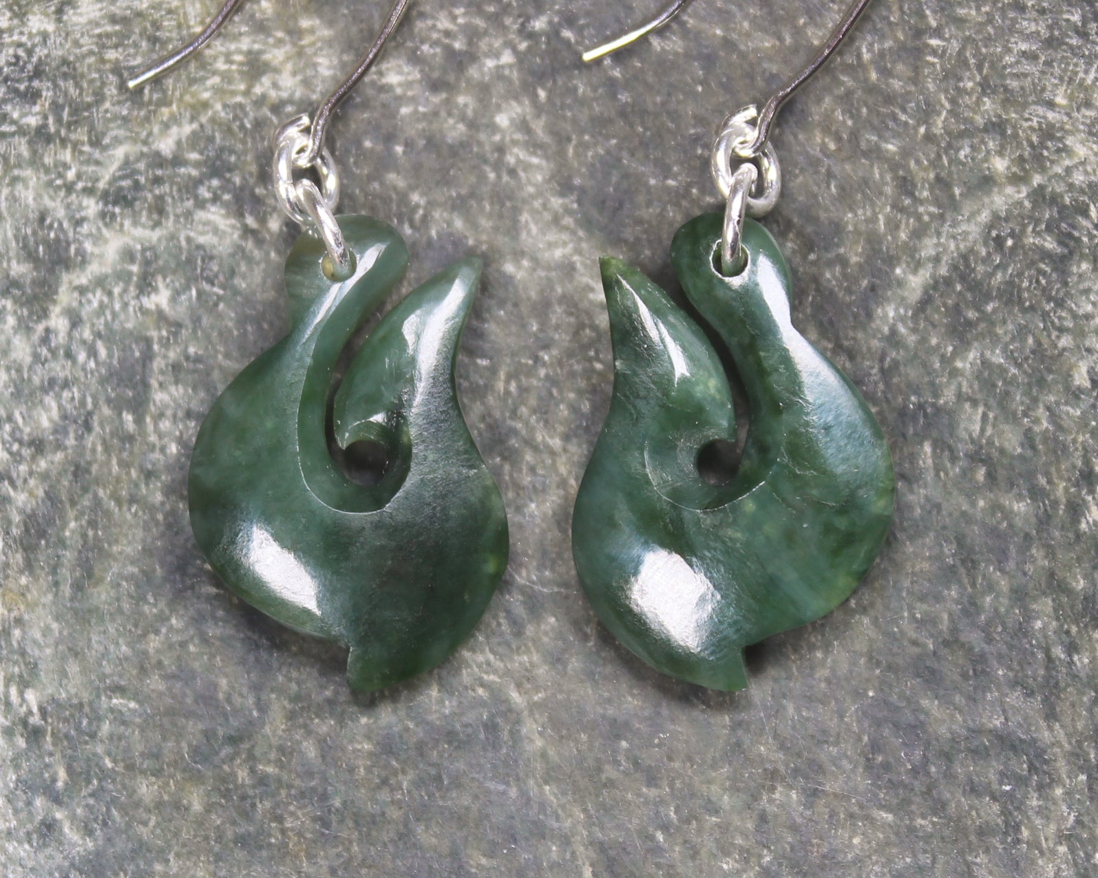 Matau or Fish Hook Earrings carved from Kawakawa Pounamu - NZ Greenstone