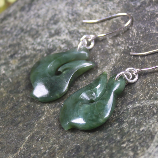 Matau or Fish Hook Earrings carved from Kawakawa Pounamu - NZ Greenstone