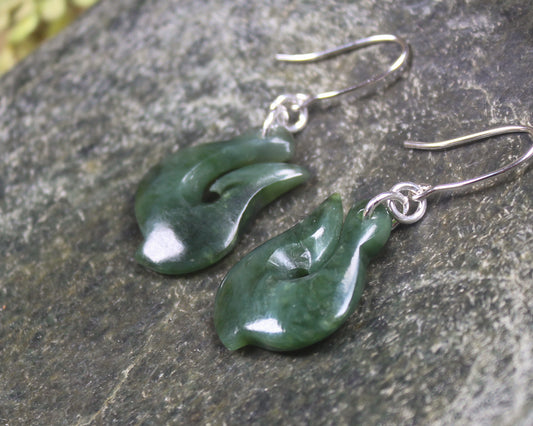 Matau or Fish Hook Earrings carved from Kawakawa Pounamu - NZ Greenstone