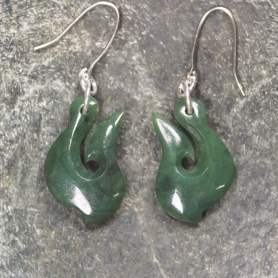Matau or Fish Hook Earrings carved from Hapopo Pounamu - NZ Greenstone