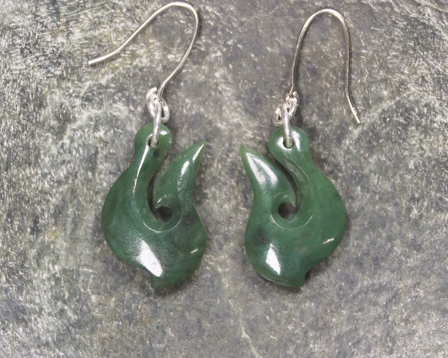 Matau or Fish Hook Earrings carved from Hapopo Pounamu - NZ Greenstone