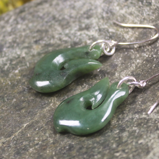 Matau or Fish Hook Earrings carved from Hapopo Pounamu - NZ Greenstone