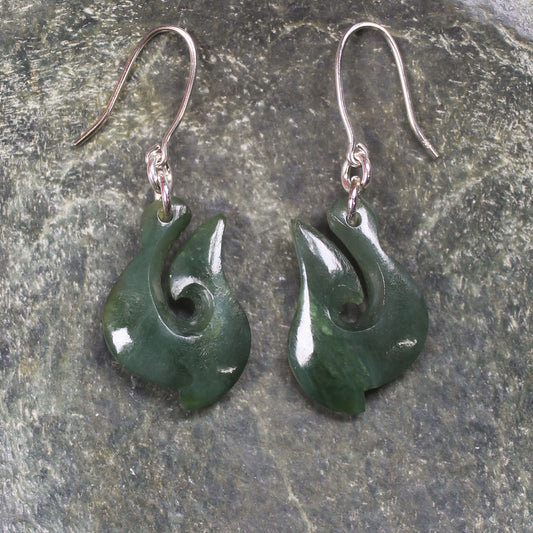 Matau or Fish Hook Earrings carved from Kawakawa Pounamu - NZ Greenstone