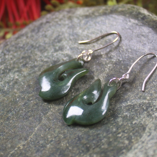Matau or Fish Hook Earrings carved from Kawakawa Pounamu - NZ Greenstone