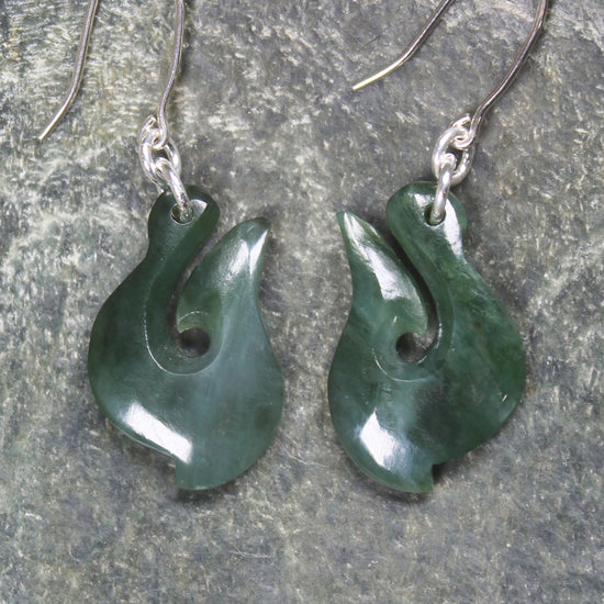 Matau or Fish Hook Earrings carved from Kawakawa Pounamu - NZ Greenstone
