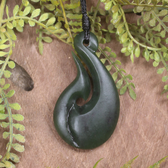 Hei Matau or Fish Hook carved from Rimu Pounamu - NZ Greenstone