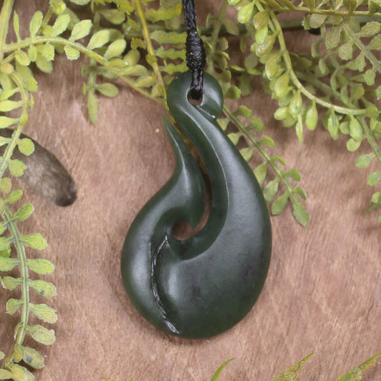 Hei Matau or Fish Hook carved from Rimu Pounamu - NZ Greenstone