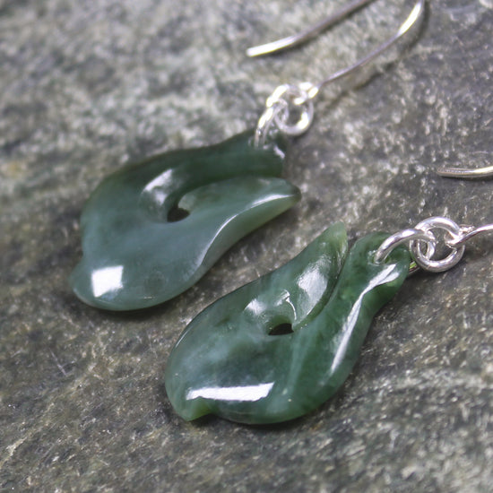 Matau or Fish Hook Earrings carved from Kawakawa Pounamu - NZ Greenstone