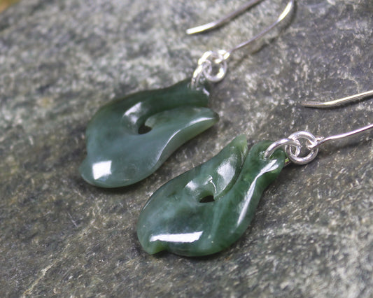 Matau or Fish Hook Earrings carved from Kawakawa Pounamu - NZ Greenstone