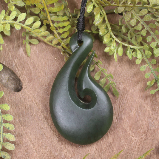 Hei Matau or Fish Hook carved from Rimu Pounamu - NZ Greenstone