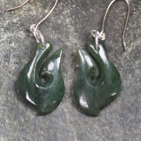 Matau or Fish Hook Earrings carved from Kawakawa Pounamu - NZ Greenstone
