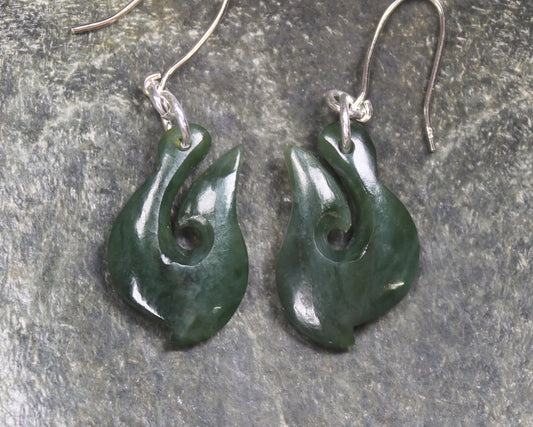 Matau or Fish Hook Earrings carved from Kawakawa Pounamu - NZ Greenstone