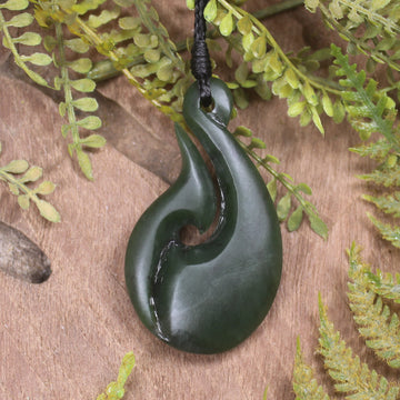 Hei Matau or Fish Hook carved from Rimu Pounamu - NZ Greenstone