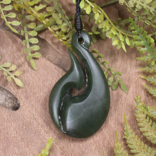 Hei Matau or Fish Hook carved from Rimu Pounamu - NZ Greenstone