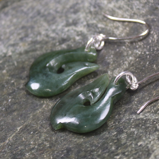 Matau or Fish Hook Earrings carved from Kawakawa Pounamu - NZ Greenstone