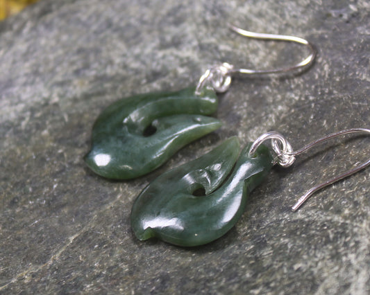 Matau or Fish Hook Earrings carved from Kawakawa Pounamu - NZ Greenstone